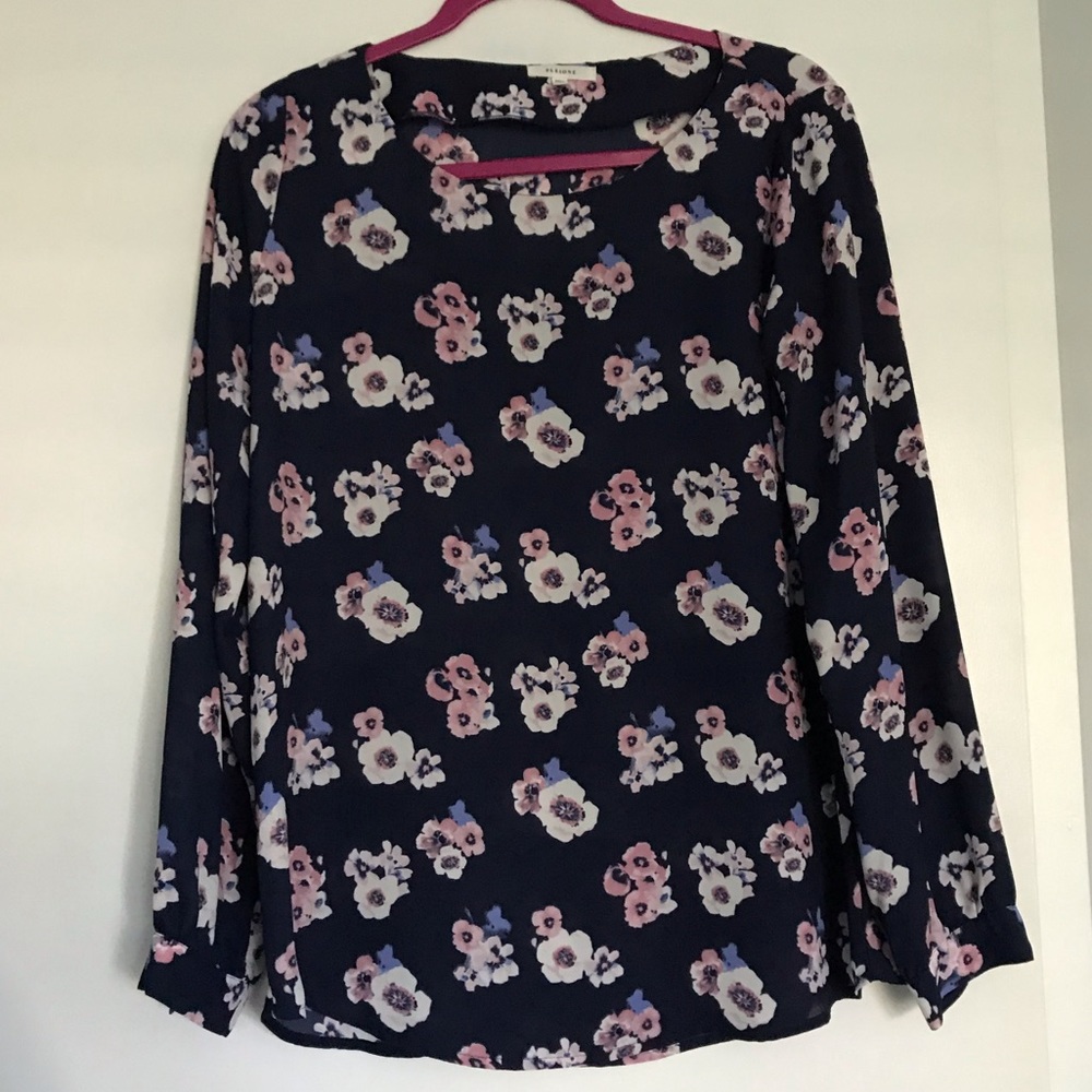 Pleione Navy & Floral Long Sleeve Blouse Size S